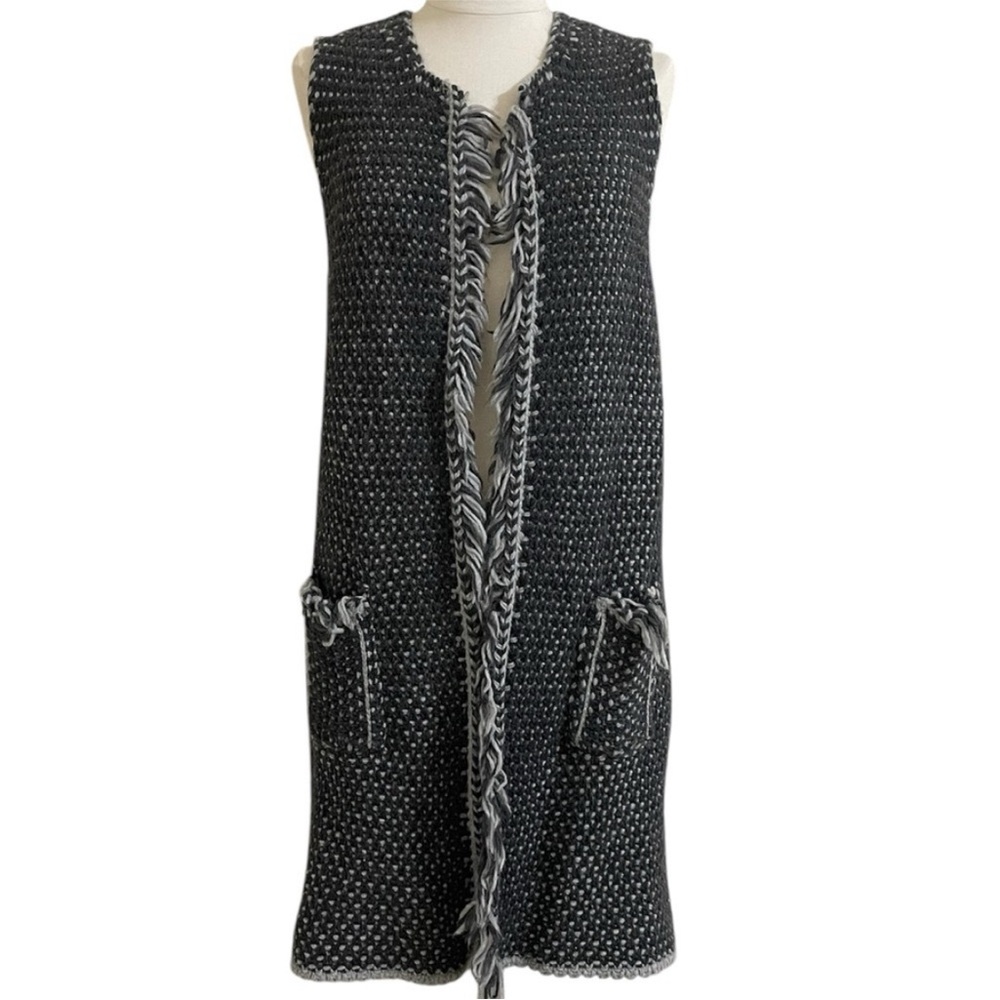 Italian Wool Blend Black Blue Gray Sweater Duster Knee Length Fringed Edges OS